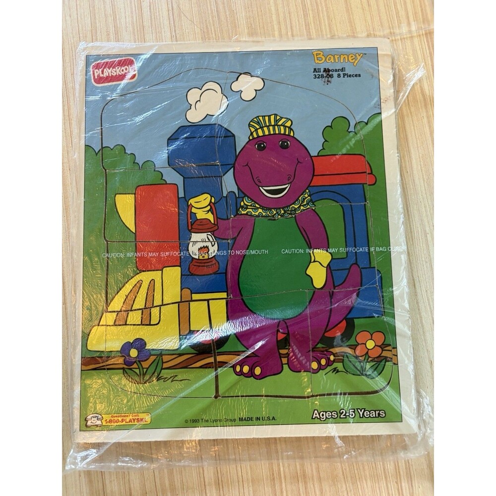 Playskool Barney All Aboard Wooden Tray Puzzle 8 Pieces 1993 MPN 328-08
